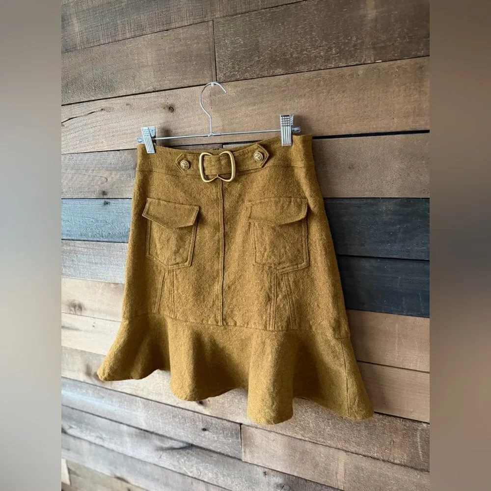 Vintage Inspired Mustard Wool Cargo Mini Skirt Buckle Flounce Hem